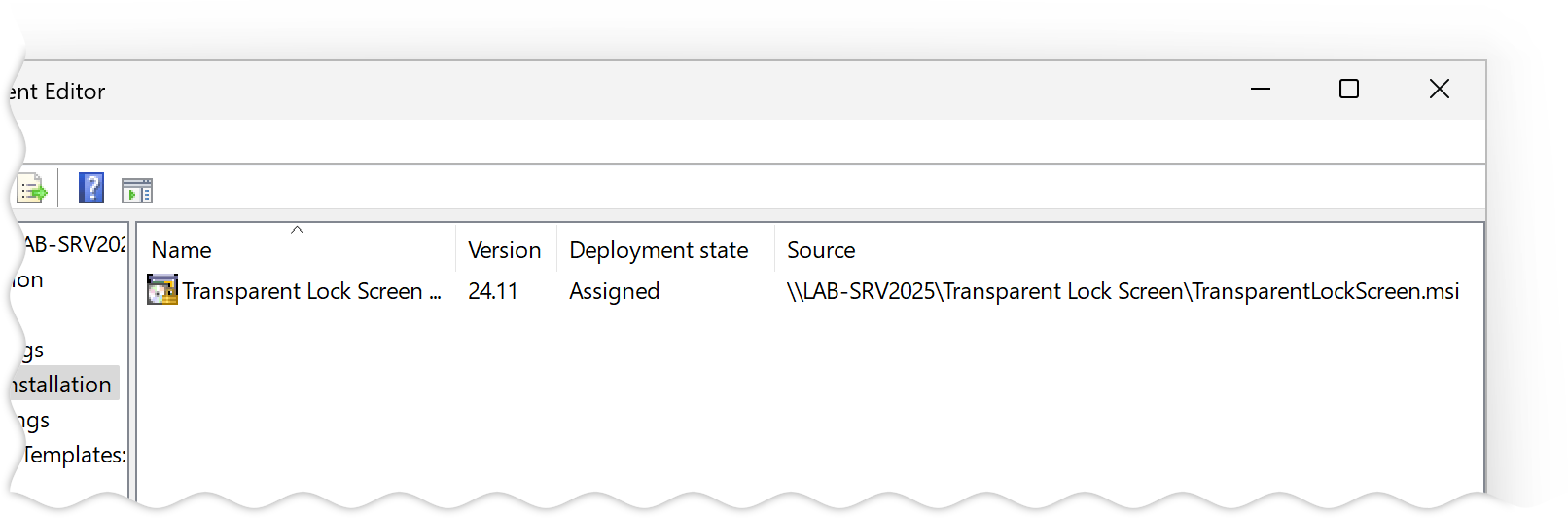 screenshot: Transparent Lock Screen package in the Software installation component