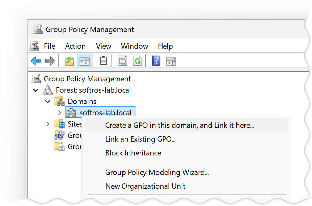 screenshot: Context menu of a domain