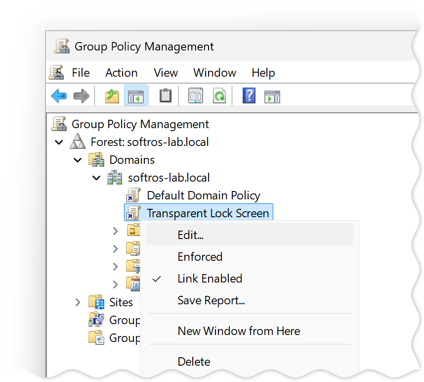 screenshot: Context menu of a GPO