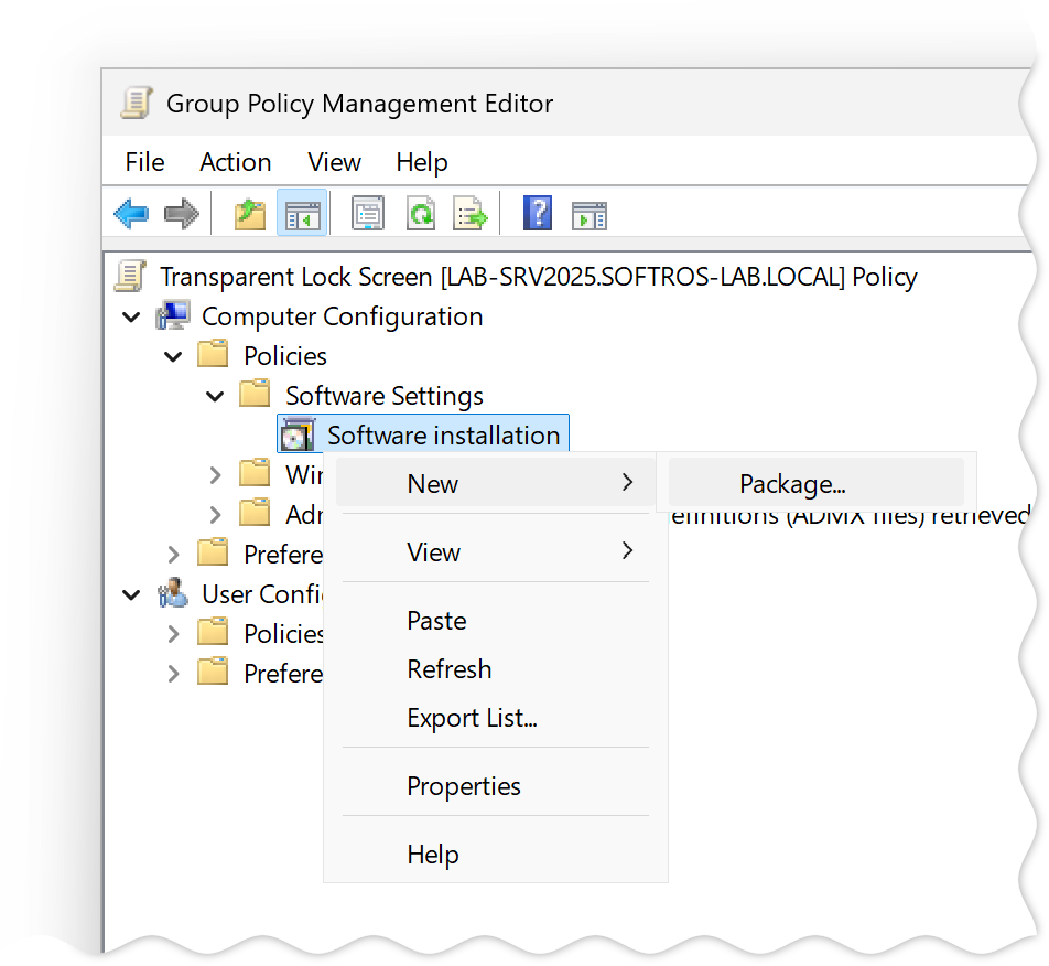 screenshot: Context menu of the Software installation component