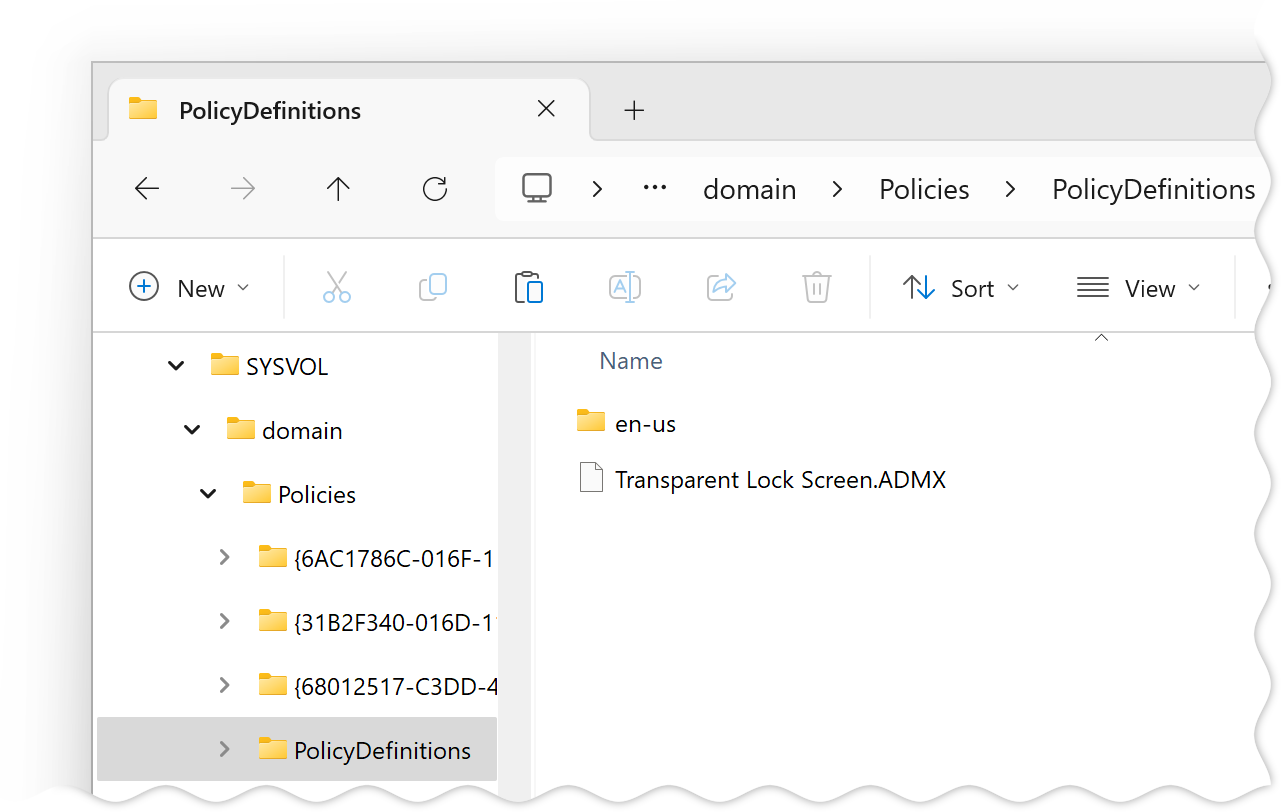 screenshot: Transparent Lock Screen administrative template file in Central Store