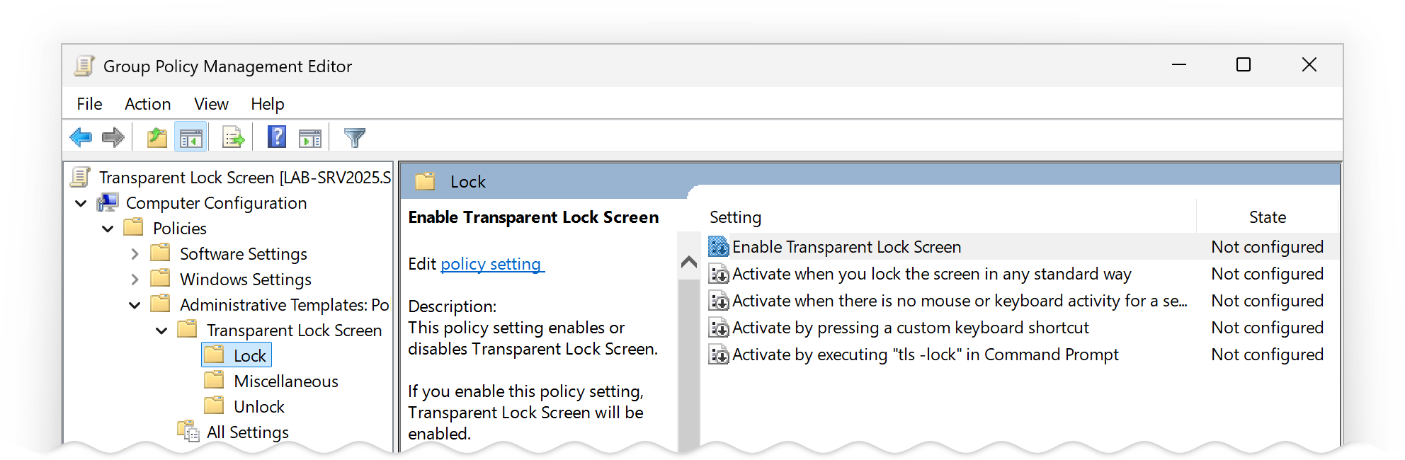 screenshot: Transparent Lock Screen administrative template in GPME