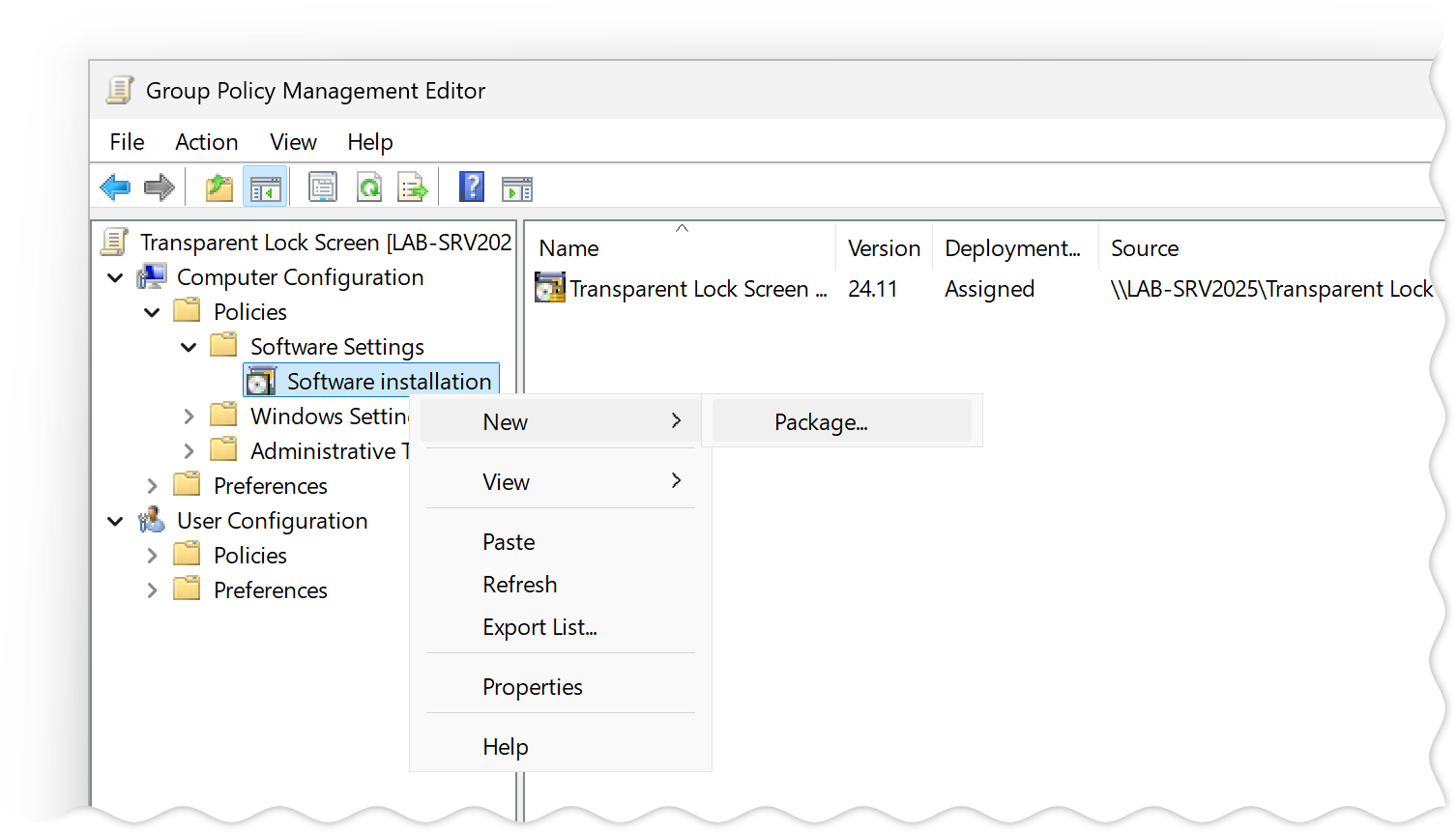 screenshot: Context menu of the Software installation component