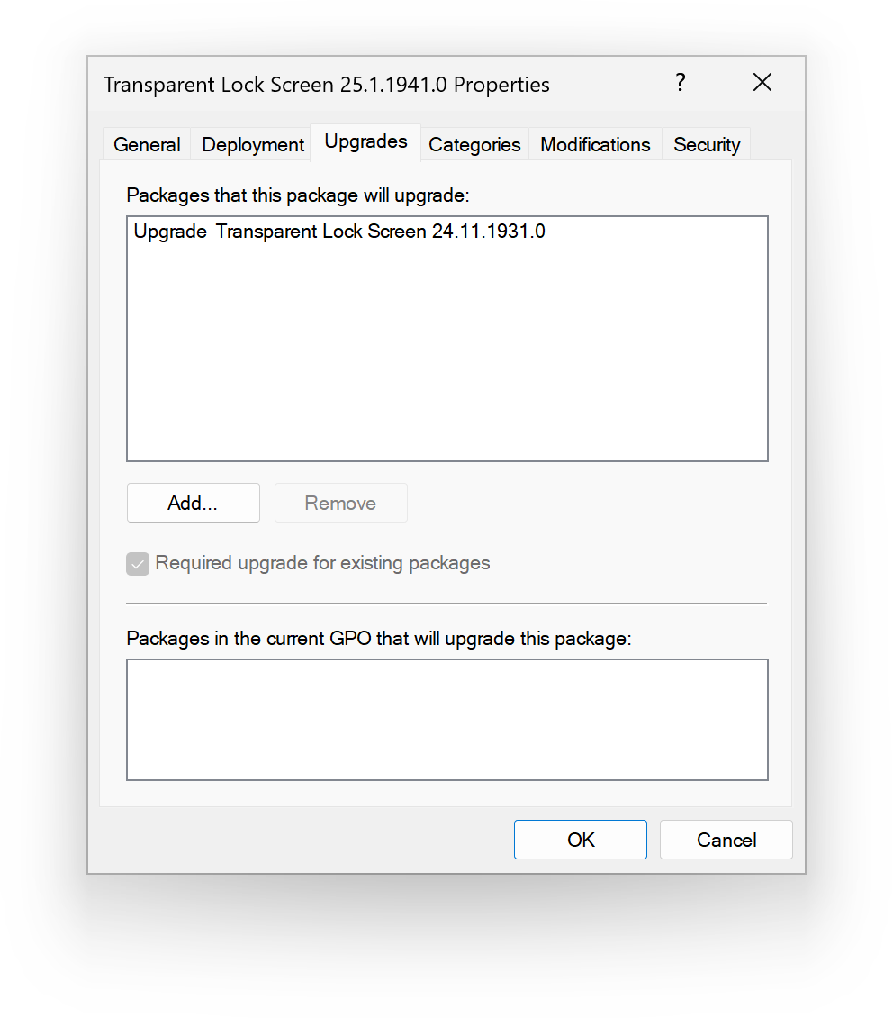 screenshot: Upgrades tab of the package’s Properties dialog box