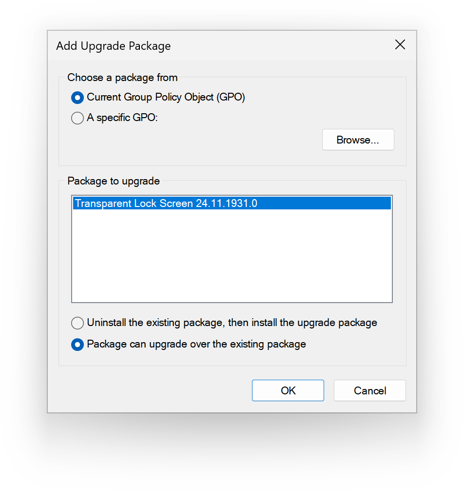 screenshot: Add Upgrade Package dialog box