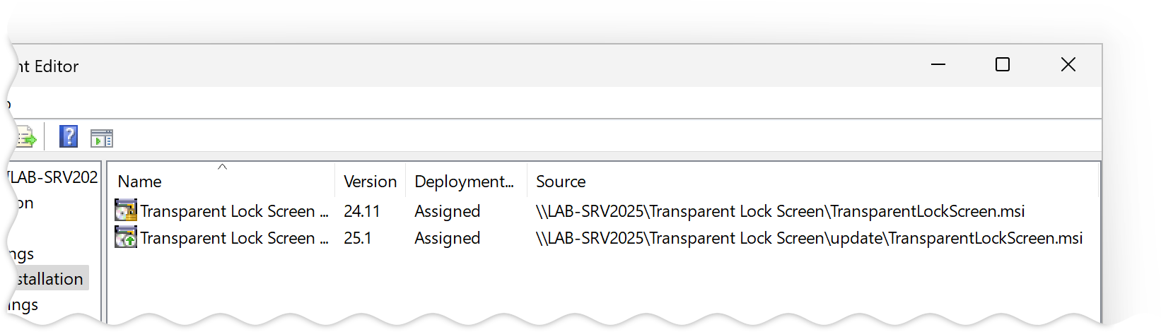 screenshot: Old and new Transparent Lock Screen packages in the Software installation component