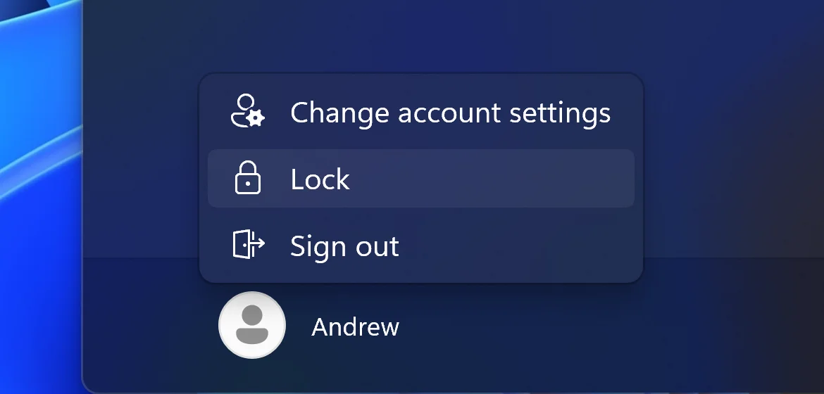 Windows 11 Start menu with 'Lock' command focused